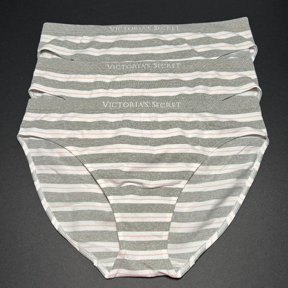 Victoria Secret XL Bikini Panties Seamless Gray White Striped Lot of 3